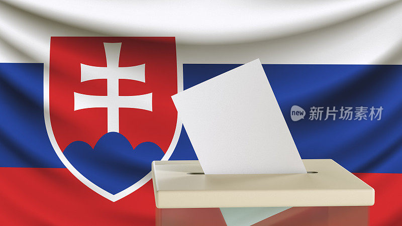 Blank ballot with space for text or logo is dropped into the ballot box against the background of the flag of Slovakia. Election concept. 3D rendering. Mock up